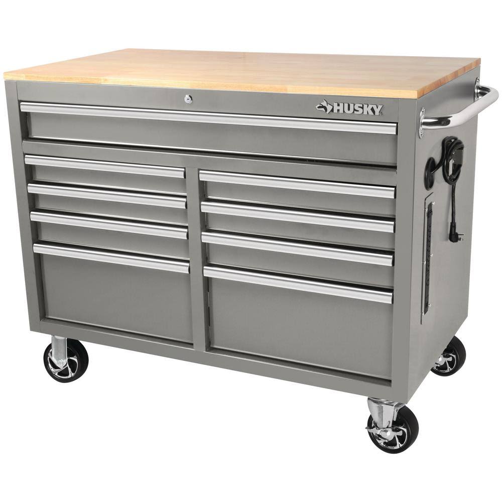 Husky 46 in. W x 24.5 in. D 9-Drawer Gloss Gray Deep Tool Chest Mobile Workbench with Hardwood Top