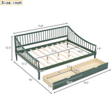 Full Size Wooden Daybed with 2 Storage Drawers and Wood Support Legs, Multi-Functional Full Day Bed wtih Rails on 3 Sides for Bedroom, Living Room and Guestroom, Green