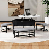 Linique Modern Round Lift-Top Coffee Table with Storage and 3 Ottoman, White + Black