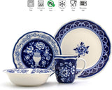 Euro Ceramica Blue Garden 16 Piece Oven Safe Hand Painted Stoneware Dinnerware Set, Service for 4, Bold Vase Design/Floral Pattern, White and blue