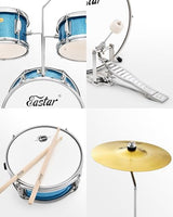 Kids Drum KIt Eastar 3-Piece for Beginners, 14 inch Drum Set with Adjustable Throne, Cymbal, Pedal & Two Pairs of Drumsticks, Junior Drum Set with Bass Tom Snare Drum, Metallic Sky Blue