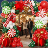 165Pcs Christmas Balloon Arch Garland Kit with Xmas Red White Green Gold Latex Balloons Gift Box Candy Cane Star Foil Balloons Arch Kit for Christmas New Year Party Birthday Party Decorations