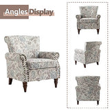 HULALA HOME Modern Wingback Accent Chair with Wood Legs & Removable Cushion, Comfy Upholstered Armchair with Nailhead Trim, Floral Pattern Single Sofa Chair for Living Room Bedroom, Blue