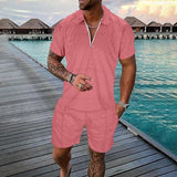 Male Casual Striped Print Two Piece Suit Zipper Short Sleeve Top Blouse Suit Drawstring Pocket Short Set Medium