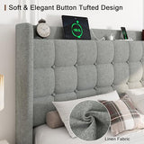 Queen Bed Frame, Upholstered Platform Bed with Charging Station, Modern Wingback Storage Headboard, Solid Wood Slats Support, No Box Spring Needed, Dark Gray