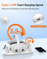 Charging Dock for Meta Quest 3S/3/2, 20W Magnetic Charging Station for Oculus Quest 3S/3/2 Accessories with Rechargeable 2X2100mAh Batteries, RGB Charging Stand for VR Headset & Controllers