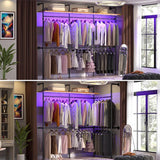 Aheaplus Industrial Pipe Clothing Rack, Reversible 79.7” Clothes Rack for Hanging Clothes, Heavy Duty Garment Racks Closet Wardrobe with LED Lights& Shelves, Walk-in Closet System, Black