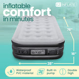 EZ Inflate Air Mattress with Built in Pump – Twin Size Double-High Inflatable Mattress with Flocked Top – Easy Inflate, Waterproof, Portable Blow Up Bed for Camping & Travel