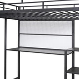 Full Size Metal Loft Bed with Desk, Whiteboard and 3-layer Shelves, Heavy Duty Loftbed w/Storage and Built-in Ladder, for Kids Teens Bedroom Dorm, Black