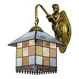LITFAD Tiffany Style Stained Glass Wall Sconce Lighting, Mediterranean Aqua Petal Shape LED Wall Lamp Flower 1 Light Tiffany Antique Brass Wall Mount Lamp for Bedroom Villa Restaurant, Blue