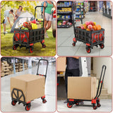 LAZY BUDDY Folding Hand Truck Dolly, 2-in-1 Heavy-duty Platform Cart with 22 Folding Basket, Collapsible Utility Luggage Dolly Cart, Red, 330LBS