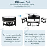 Linique Modern Round Lift-Top Coffee Table with Storage and 3 Ottoman, White + Black