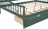 Full Size Wooden Daybed with 2 Storage Drawers and Wood Support Legs, Multi-Functional Full Day Bed wtih Rails on 3 Sides for Bedroom, Living Room and Guestroom, Green