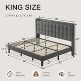 Queen Bed Frame, Upholstered Platform Bed with Charging Station, Modern Wingback Storage Headboard, Solid Wood Slats Support, No Box Spring Needed, Dark Gray