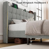 Queen Bed Frame, Upholstered Platform Bed with Charging Station, Modern Wingback Storage Headboard, Solid Wood Slats Support, No Box Spring Needed, Dark Gray