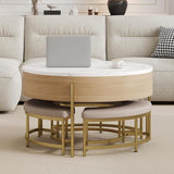 Linique Modern Round Lift-Top Coffee Table with Storage and 3 Ottoman, White + Black