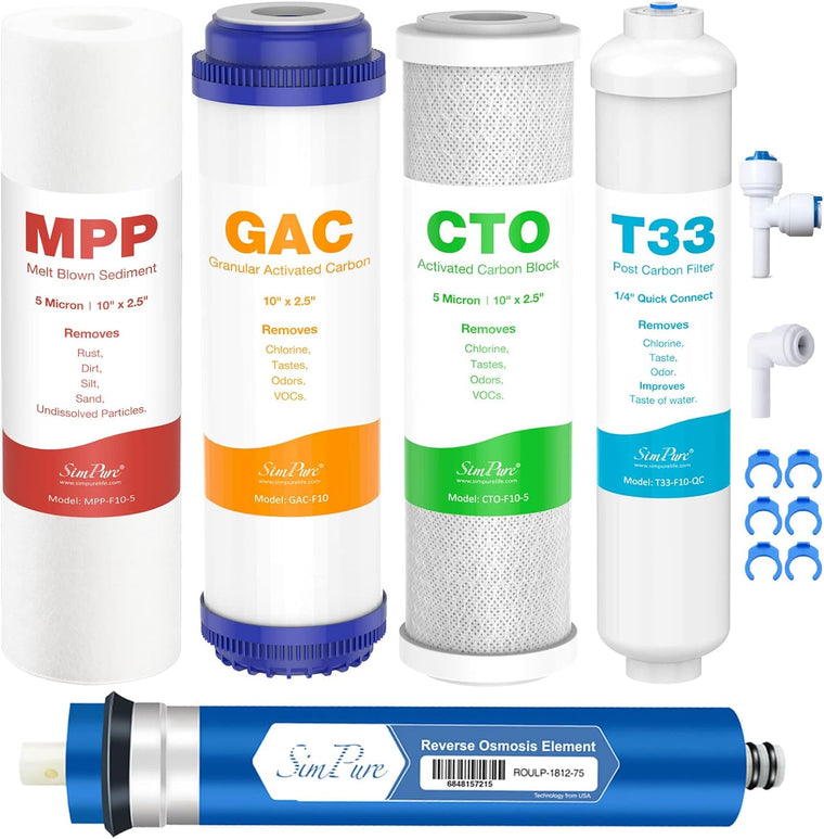 SimPure 5 Stage Reverse Osmosis Replacement Filter Set with 75 GPD RO Membrane, 5pc Pre & Post Replacement Cartridge Pack Kit for Standard 5-Stage Reverse Osmosis RO Systems