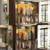 Aheaplus Industrial Pipe Clothing Rack, Reversible 79.7” Clothes Rack for Hanging Clothes, Heavy Duty Garment Racks Closet Wardrobe with LED Lights& Shelves, Walk-in Closet System, Black