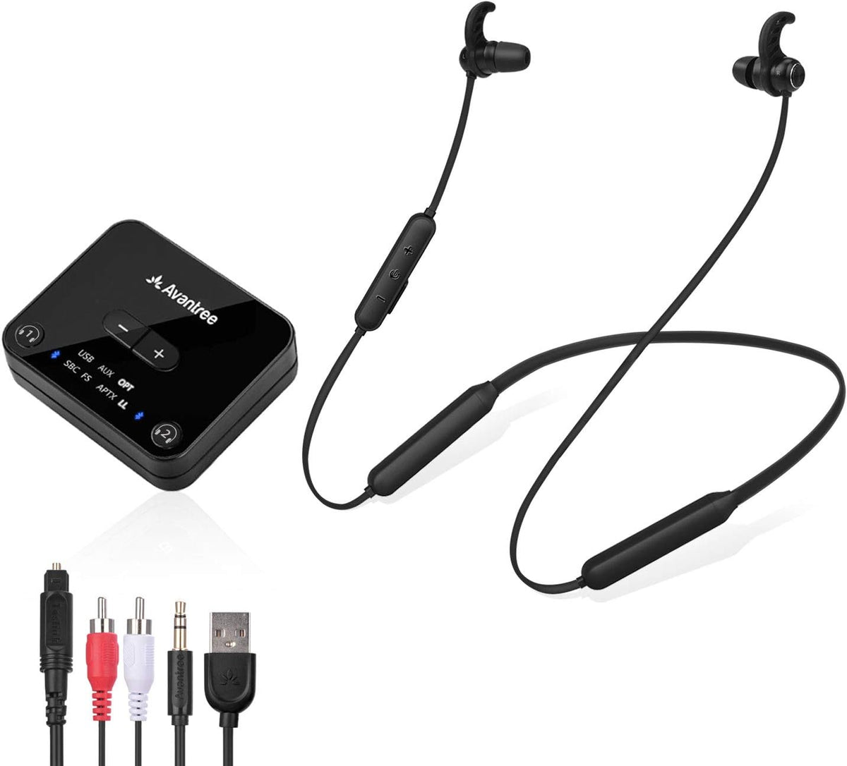 Avantree HT4186 Wireless Headphones Earbuds for TV Watching, Neckband Earphones Set w/Bluetooth Transmitter for Optical Digital Audio, RCA, 3.5mm Aux Ported TVs, Plug & Play, No Audio Delay