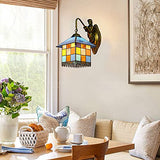 LITFAD Tiffany Style Stained Glass Wall Sconce Lighting, Mediterranean Aqua Petal Shape LED Wall Lamp Flower 1 Light Tiffany Antique Brass Wall Mount Lamp for Bedroom Villa Restaurant, Blue
