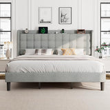 Queen Bed Frame, Upholstered Platform Bed with Charging Station, Modern Wingback Storage Headboard, Solid Wood Slats Support, No Box Spring Needed, Dark Gray