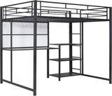 Full Size Metal Loft Bed with Desk, Whiteboard and 3-layer Shelves, Heavy Duty Loftbed w/Storage and Built-in Ladder, for Kids Teens Bedroom Dorm, Black