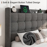 Queen Bed Frame, Upholstered Platform Bed with Charging Station, Modern Wingback Storage Headboard, Solid Wood Slats Support, No Box Spring Needed, Dark Gray