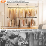 Aheaplus Industrial Pipe Clothing Rack, Reversible 79.7” Clothes Rack for Hanging Clothes, Heavy Duty Garment Racks Closet Wardrobe with LED Lights& Shelves, Walk-in Closet System, Black