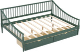 Full Size Wooden Daybed with 2 Storage Drawers and Wood Support Legs, Multi-Functional Full Day Bed wtih Rails on 3 Sides for Bedroom, Living Room and Guestroom, Green