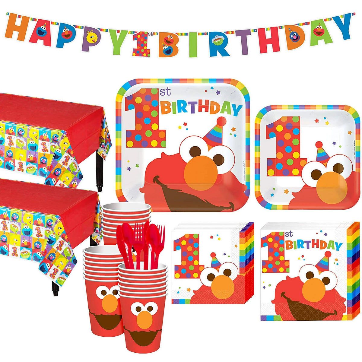 1st Birthday Elmo Party Kit for 32 Guests, with Table Decorating Kit and Banners