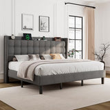Queen Bed Frame, Upholstered Platform Bed with Charging Station, Modern Wingback Storage Headboard, Solid Wood Slats Support, No Box Spring Needed, Dark Gray