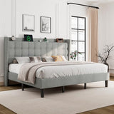 Queen Bed Frame, Upholstered Platform Bed with Charging Station, Modern Wingback Storage Headboard, Solid Wood Slats Support, No Box Spring Needed, Dark Gray