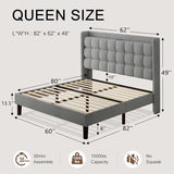 Queen Bed Frame, Upholstered Platform Bed with Charging Station, Modern Wingback Storage Headboard, Solid Wood Slats Support, No Box Spring Needed, Dark Gray