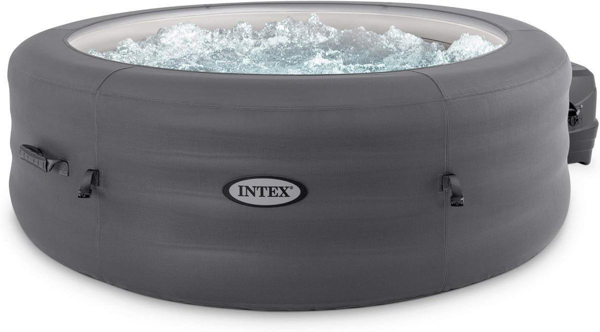 Intex 28481E Simple Spa 77in x 26in 4-Person Outdoor Portable Inflatable Round Heated Hot Tub Spa with 100 Bubble Jets, Filter Pump, and Cover, Gray
