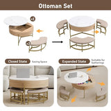 Linique Modern Round Lift-Top Coffee Table with Storage and 3 Ottoman, White + Black
