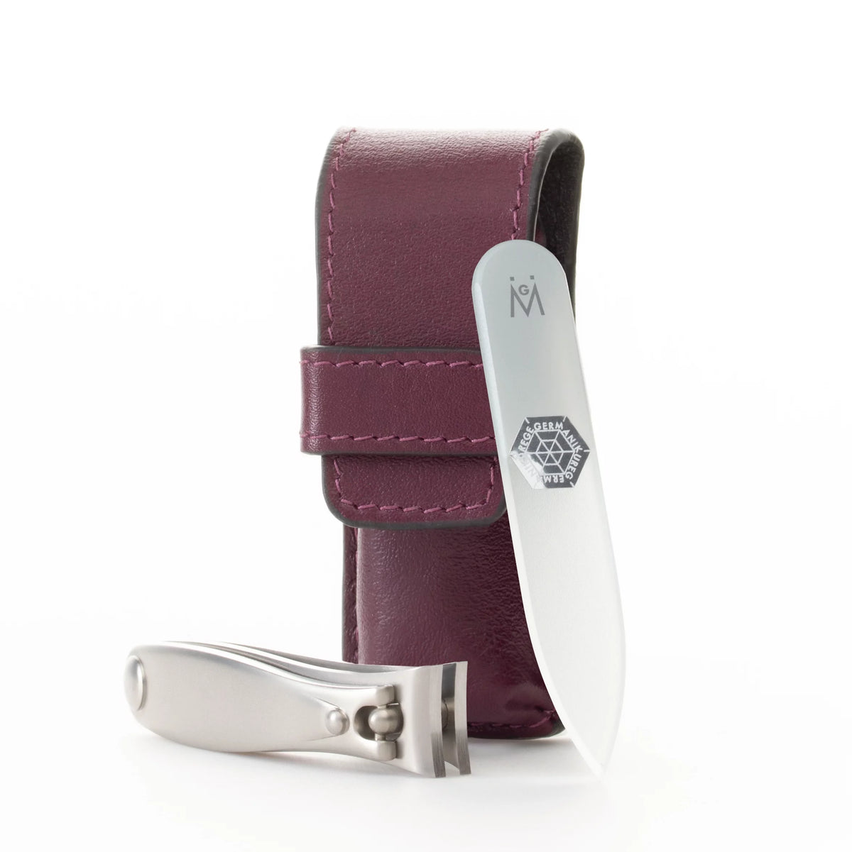 GERMANIKURE Nail clipper and Glass Nail File Set in Purple Leather Case – Made in Solingen Germany of FINOX Stainless Steel, Glass Nail Care Supplies Made in Czech Republic