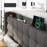 Queen Bed Frame, Upholstered Platform Bed with Charging Station, Modern Wingback Storage Headboard, Solid Wood Slats Support, No Box Spring Needed, Dark Gray