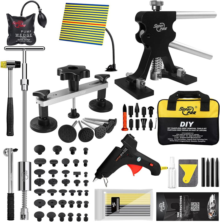 Super PDR Paintless Dent Repair Kit, Black Dent Remover Tool Auto Body Dent Removal Kit with Double Pole Bridge Dent Puller for Auto Body Tools